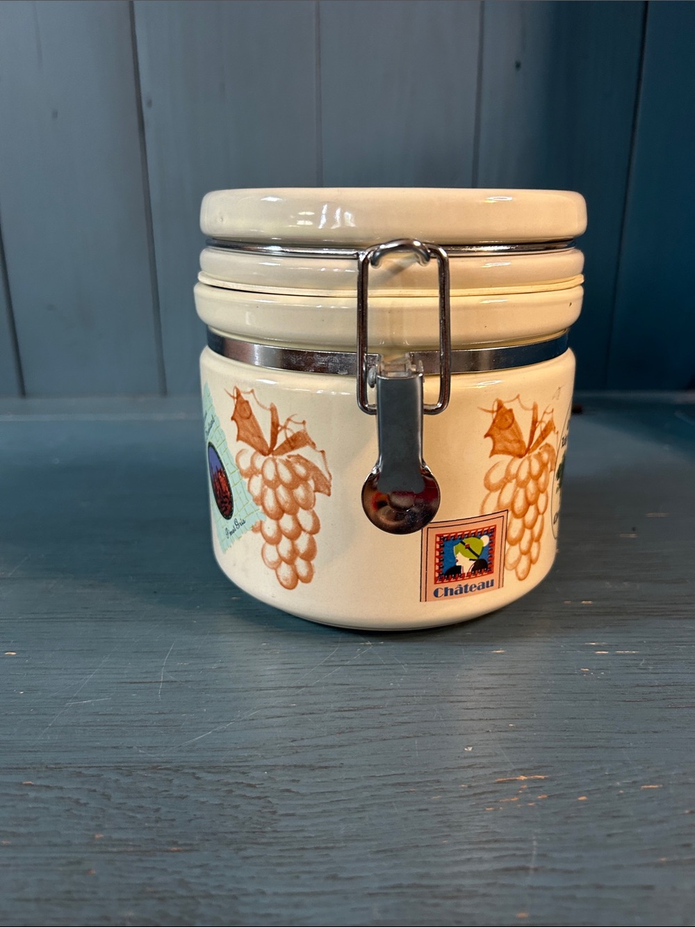 Vintage 90’s Cream Ceramic Canister with Grape Motif and Clamp Lid - French